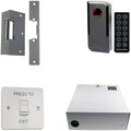 Set of electronic door lock components including a deadbolt, latch, and remote control on a white background.