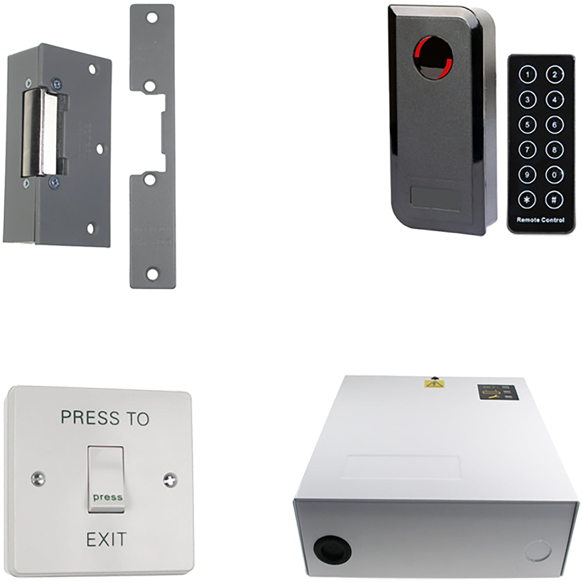 Set of electronic door lock components including a deadbolt, latch, and remote control on a white background.