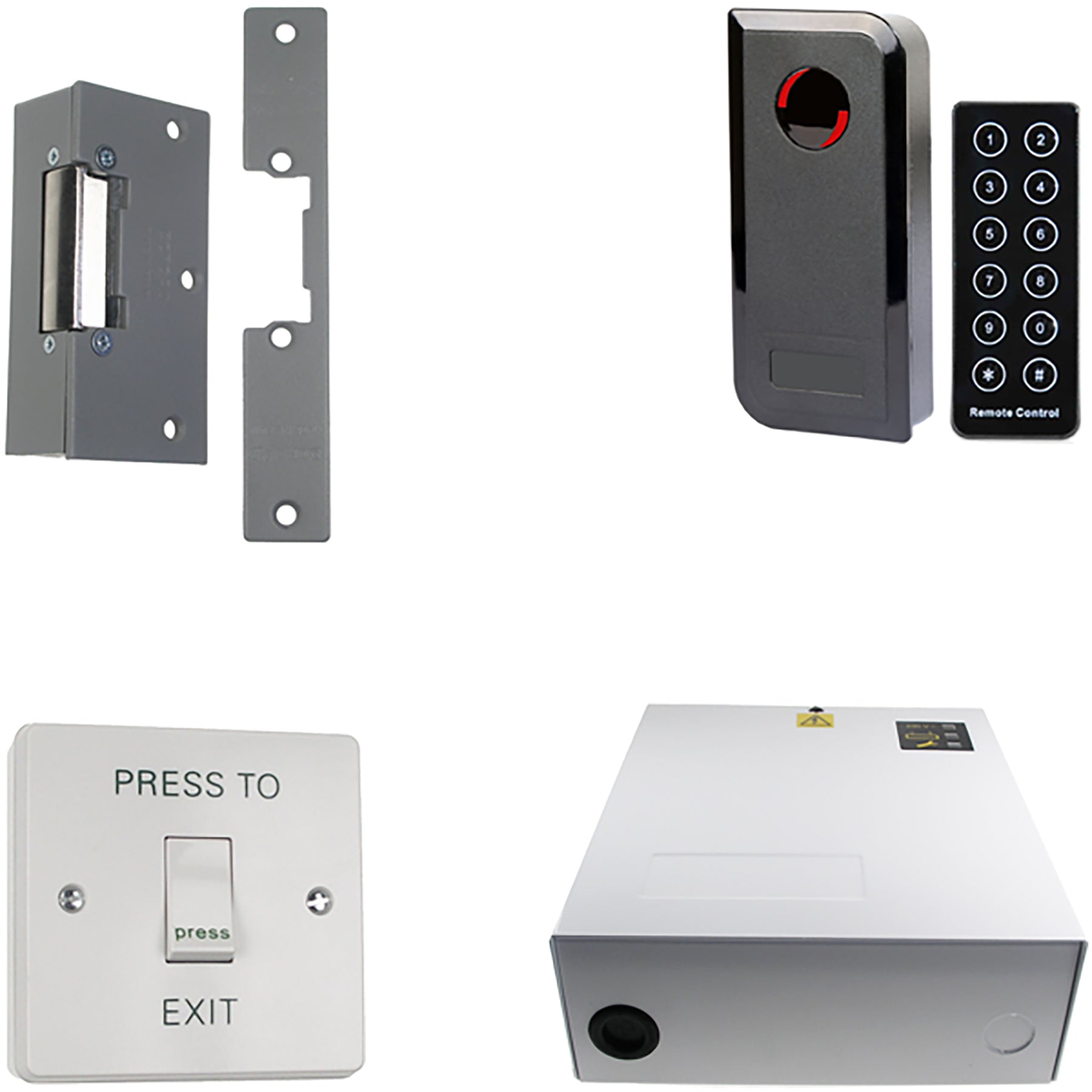 Set of electronic door lock components including a deadbolt, latch, and remote control on a white background.