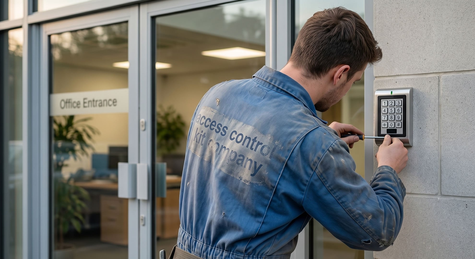 Person in a blue jacket with 'access control company' text using a keypad on a building entrance.