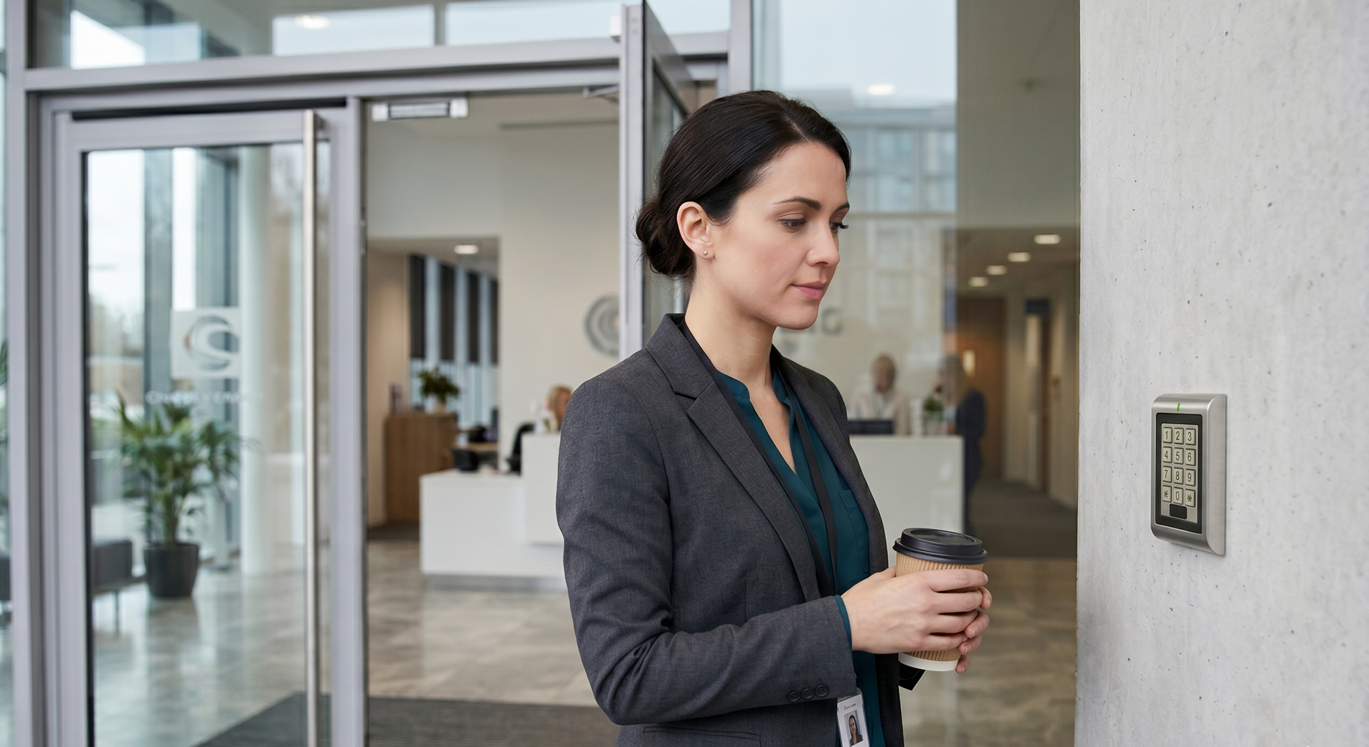 Woman holding a coffee cup exiting an office building