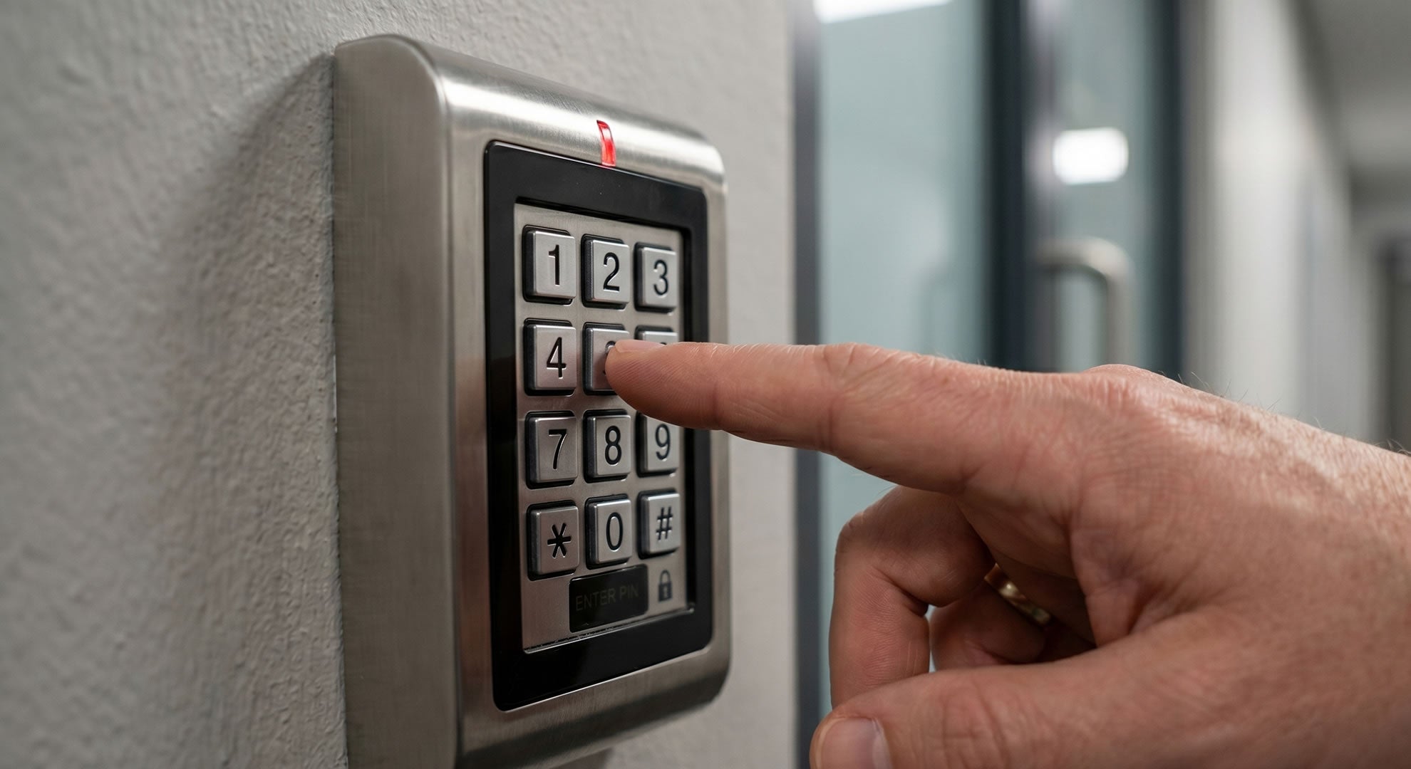 Hand entering a code on an electronic keypad mounted on a wall.